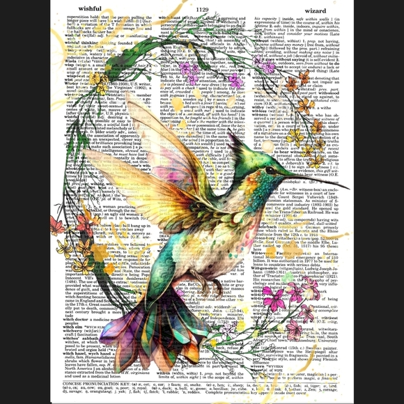 Hummingbird Wildflowers Nature Garden Flower Vintage Dictionary Art Print - Picture 1 of 5